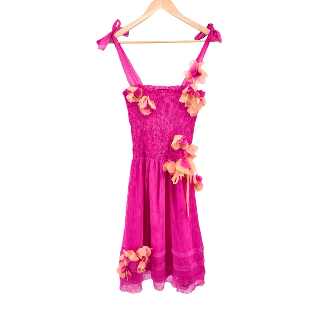 Vtg Persaman New York Y2K Smock Chiffon Dress Sz 4 Pink Orange Flowerets Sequins